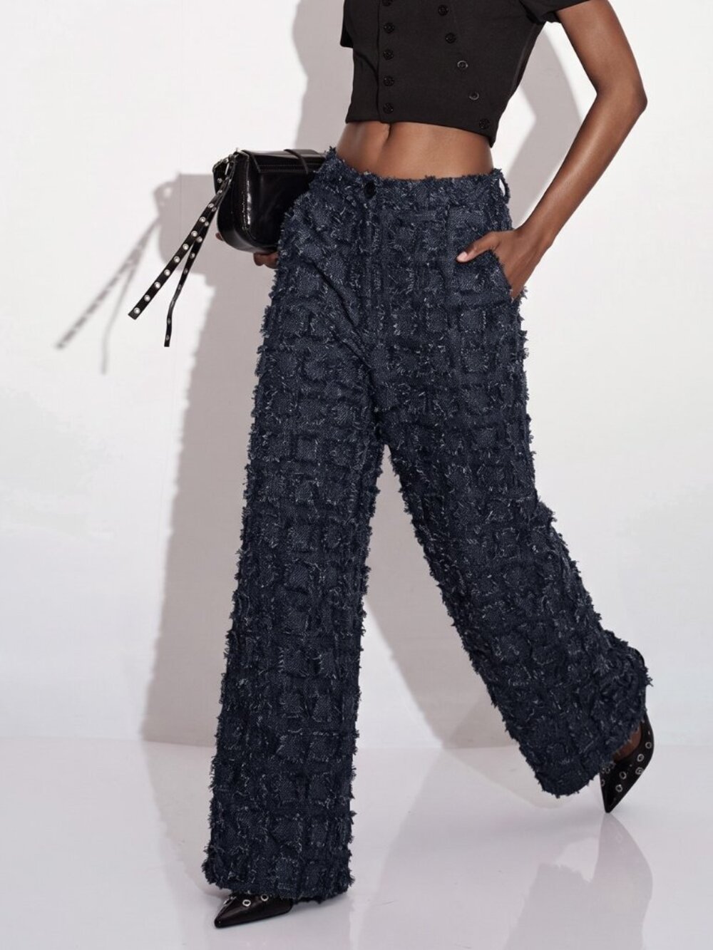 Navy Blue Casual Women's 3d Tassel Cut-Out Plaid Loose Wide Leg Long Pants